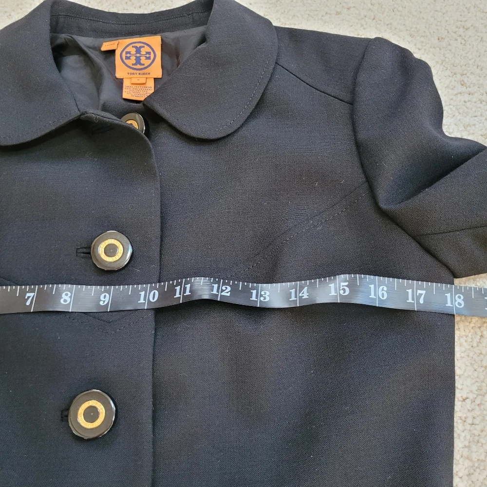 Tory Burch Black Peter Pan Collar Logo Buttons Wool Blend Trench Coat Size 6